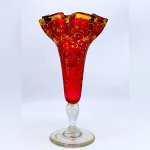 Antique c. 1880 Bohemian HARRACH for MOSER Cranberry Glass Ruffled Vase